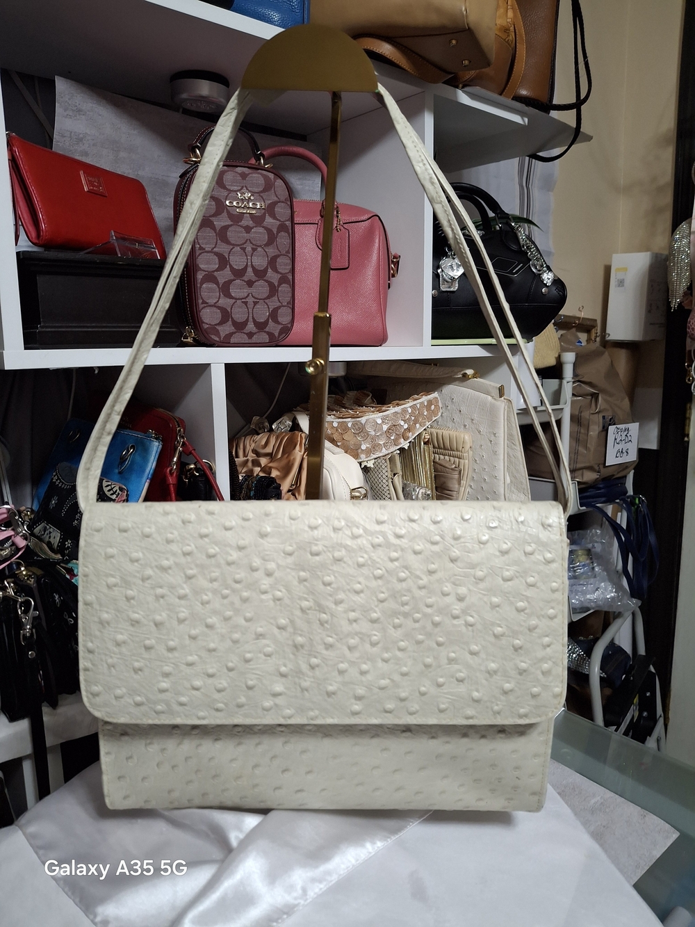 Vintage Cream Ostrich-Texture Leather Shoulder Crossbody Bag